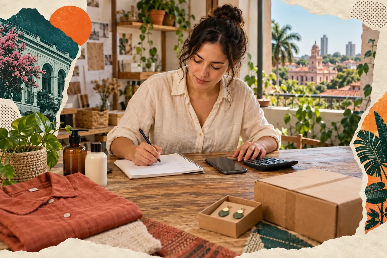 Emprendedora paraguaya calcula costos junto a ropa, cosméticos y accesorios para iniciar un negocio con poco capital