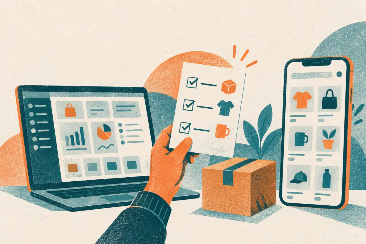 Ilustración risograph de dos plataformas de venta online comparadas junto a un teléfono, una caja y una lista de pedidos