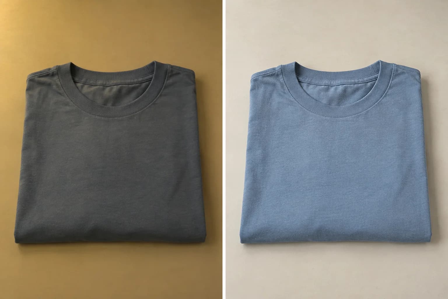 Remera azul con luz amarilla a la izquierda y luz más neutra a la derecha