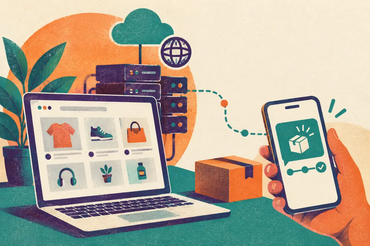 Ilustración risograph de una laptop conectada a servidores y un teléfono con una tarjeta de pedido