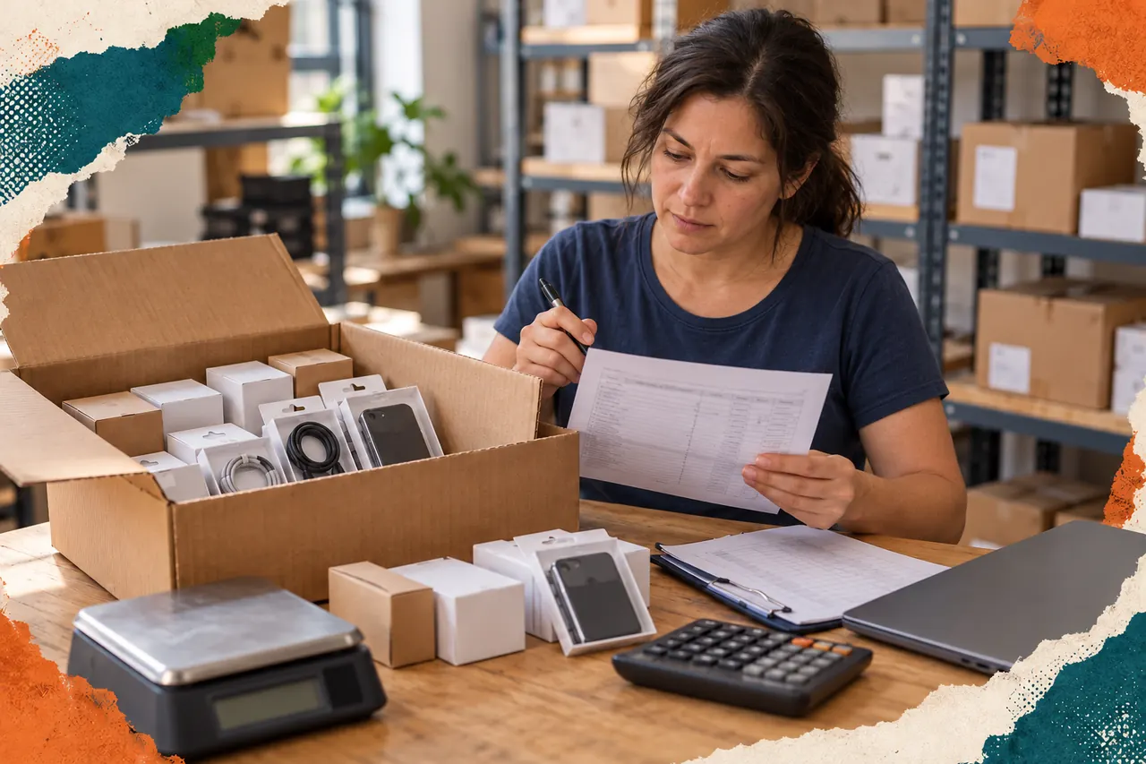 Emprendedora revisa documentos y productos de una caja importada antes de prepararlos para la reventa