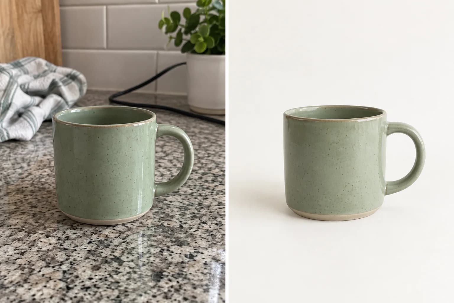 Ejemplo ilustrativo generado con IA: una taza con fondo de cocina y con fondo limpio