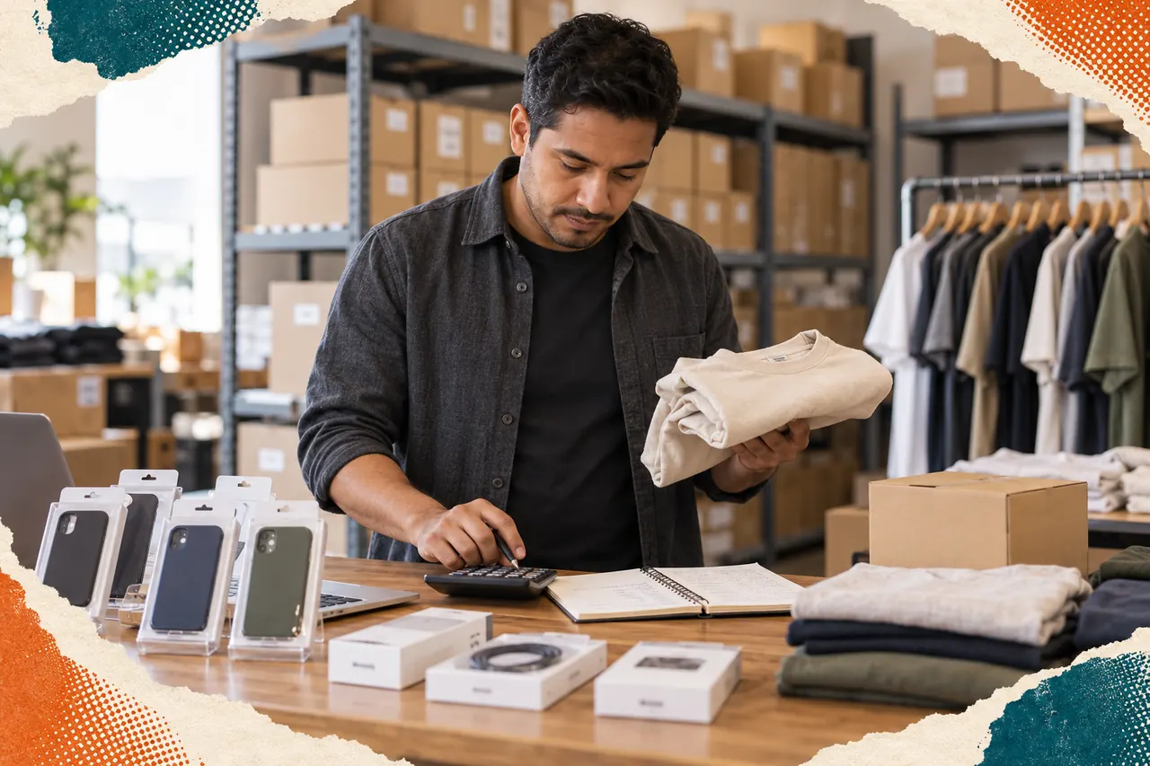 Comerciante compara una muestra de ropa con una lista de costos en un local de productos mayoristas