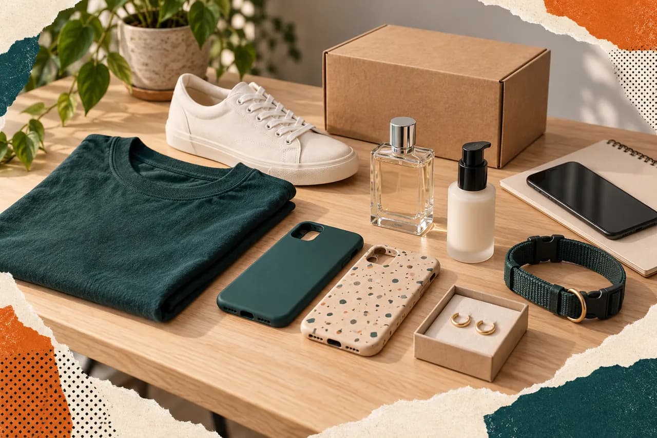 Selección de ropa, accesorios de celular, perfumes y productos de belleza para vender online