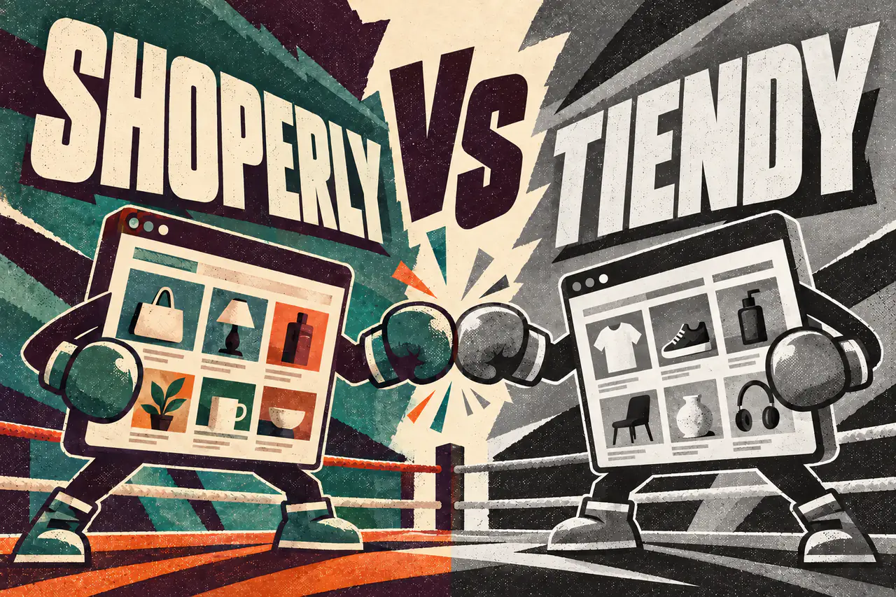 Shoperly vs Tiendy en un ring ilustrado con textura risograph: Shoperly en colores y Tiendy en blanco y negro, ambas tiendas con guantes de boxeo