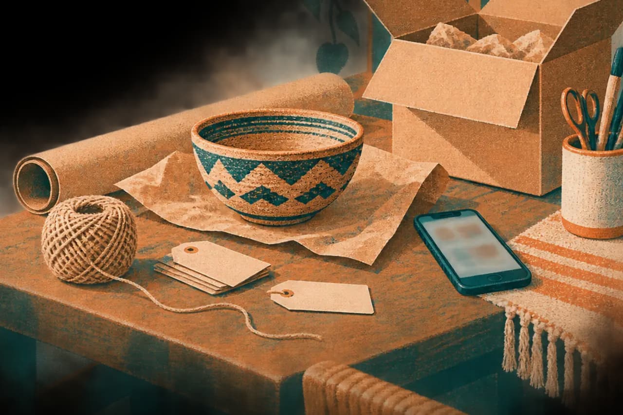 Ilustración risograph de una pieza artesanal, papel kraft, caja de envío y celular sobre una mesa de trabajo
